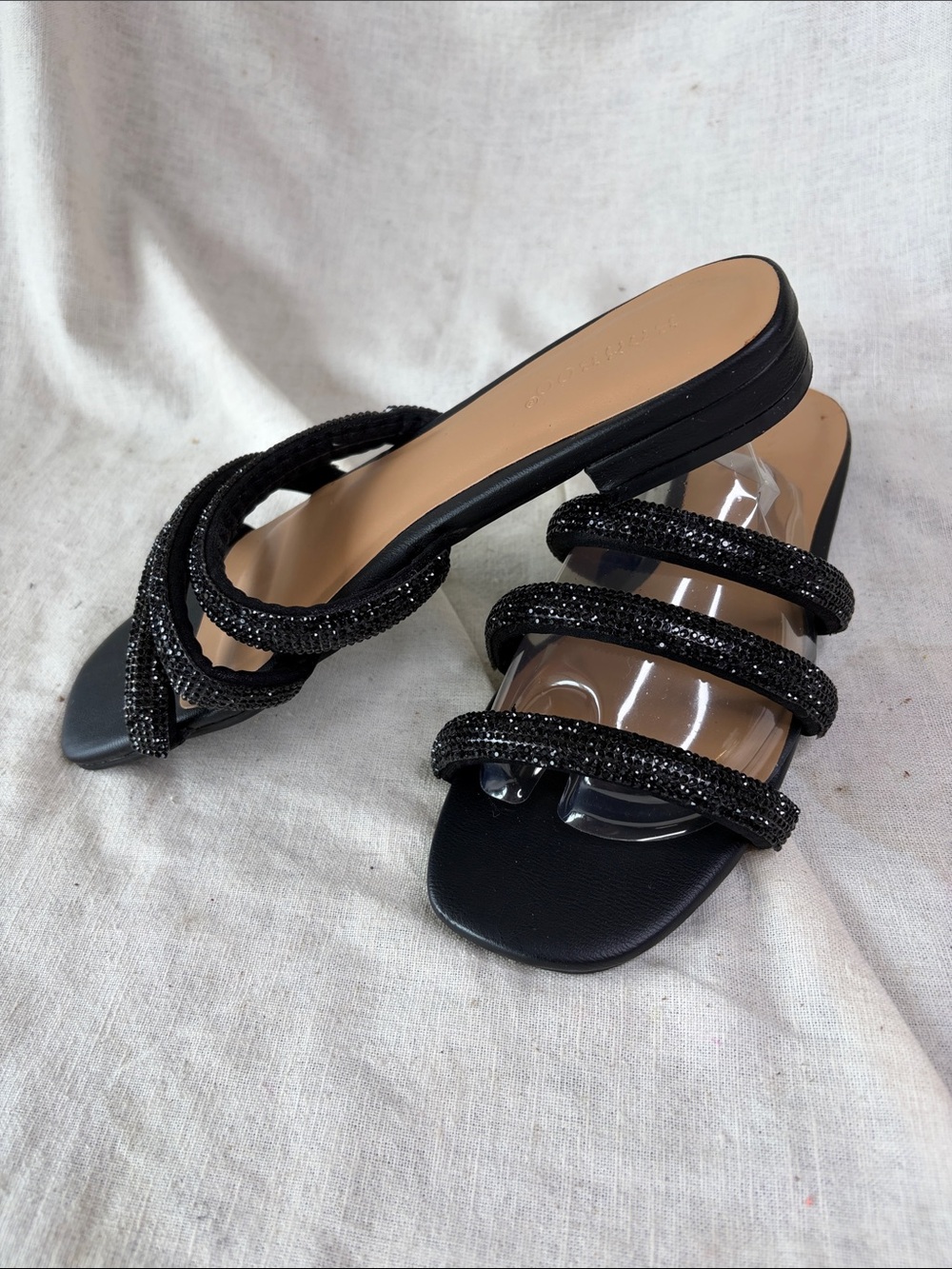 Roots Black Crystal-Strap Slide Mules